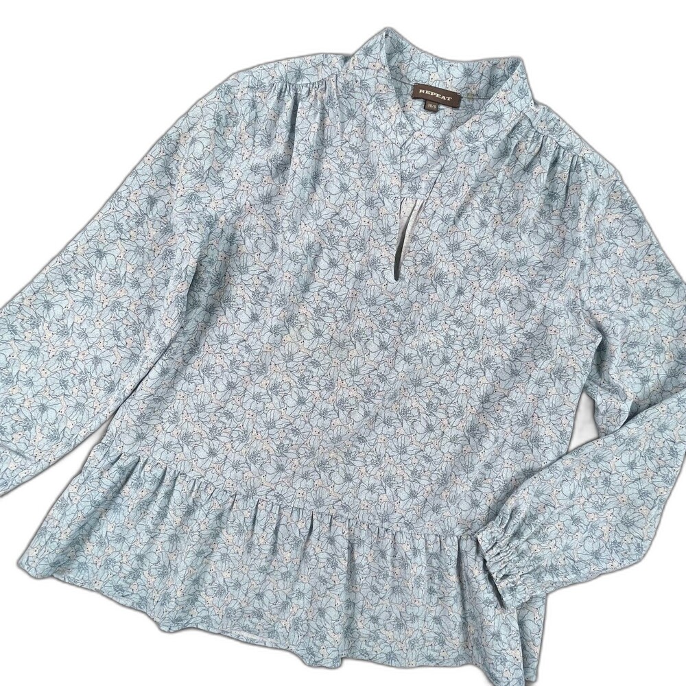 Repeat Silk Floral Peasant Blouse 38 S Blue Split Luxury Cottagecore Peplum Top